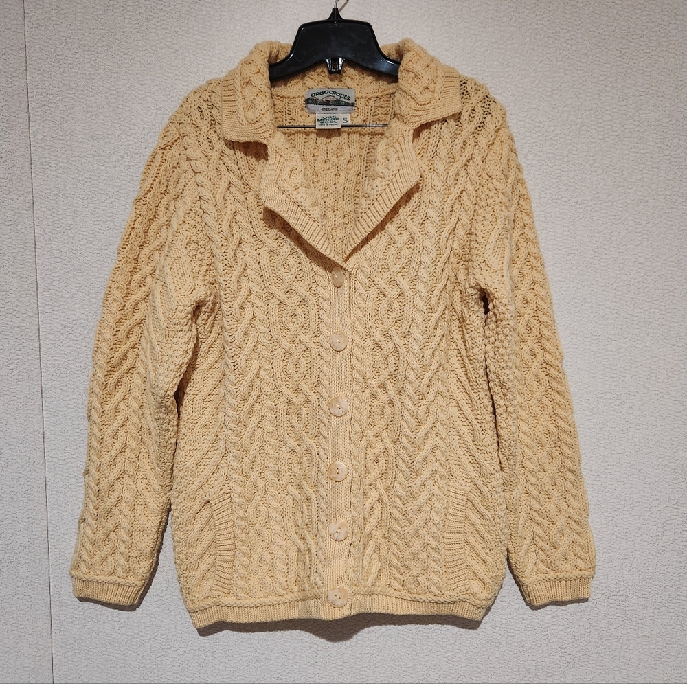 Aran Crafts Ireland Womens Cableknit Button Down Merino Wool Cardigan Small